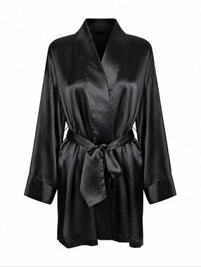 Silk & Satin Black Kimono Style Robe S/M – Wide Sleeve
